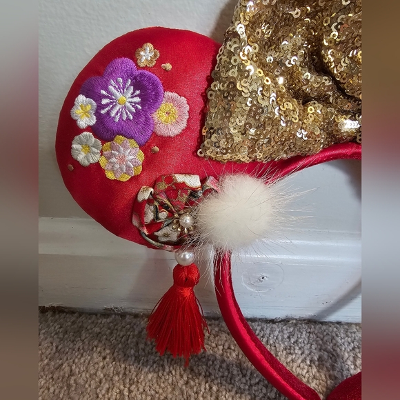 Disney Mickey Mouse Ears Red Chinese New Year floral ears with a tassel-Red/Gold - Picture 6 of 9